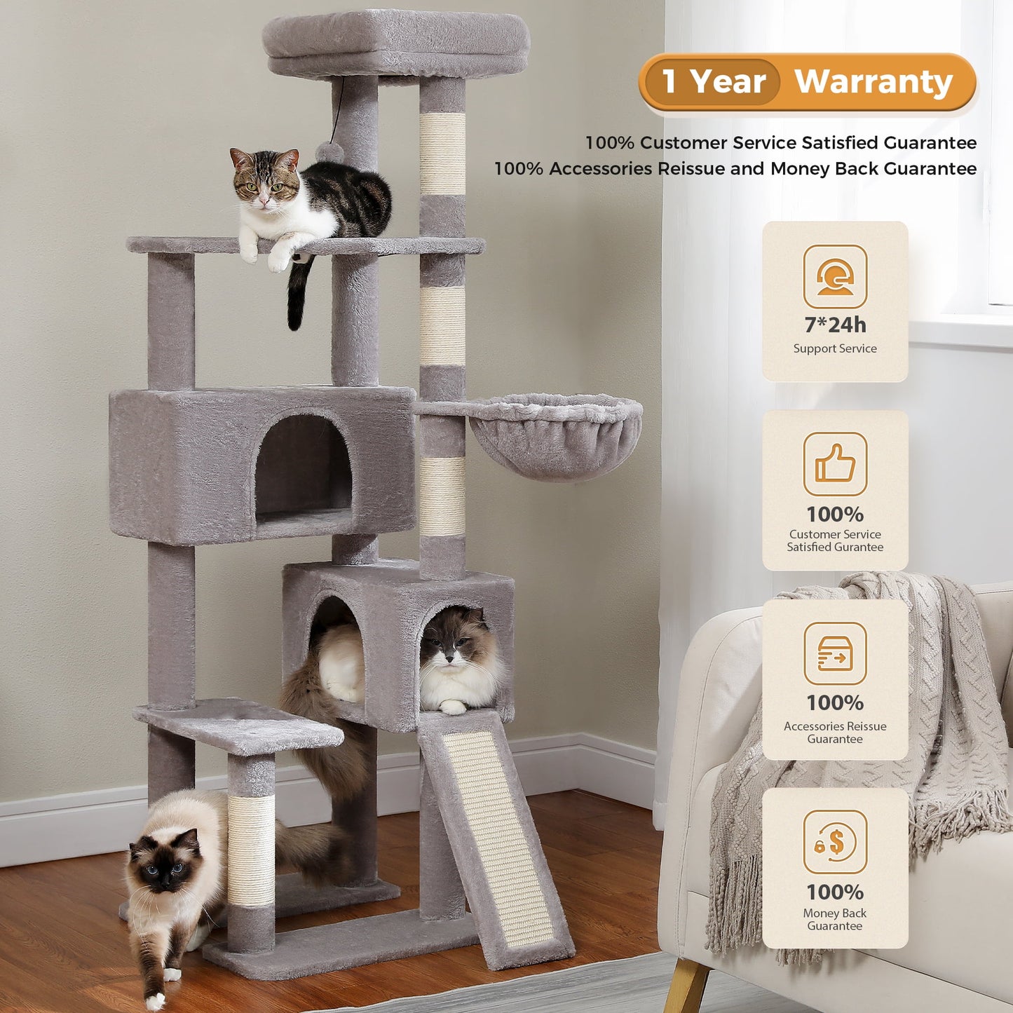 61" Large Cat Tree Cat Tower with Ladder and Dual Condos for Indoor Cats, Light Gray