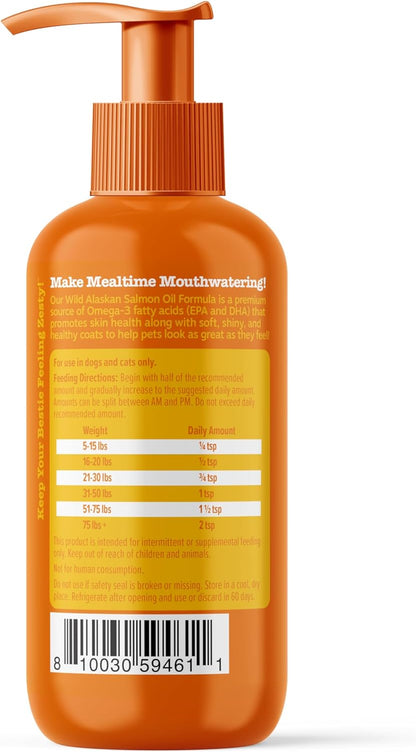 Wild Alaskan Salmon Oil Formula for Dogs & Cats - Omega 3 Skin & Coat Support - Liquid Food Supplement for Pets - Natural EPA + DHA Fatty Acids for Joint Function, Immune & Heart Health 8.5Oz
