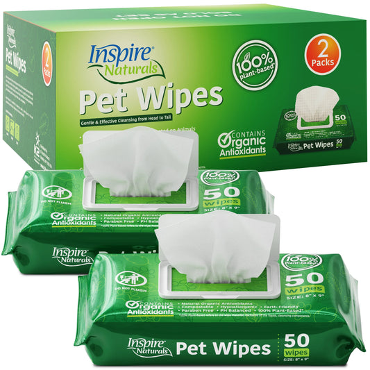 Naturals Pet Wipes for Dogs and Cats 100% Natural Plant Based with Organic Antioxidants, Dog Wipes Cleaning Deodorizing Cat Wipes | Puppy Wipes | Dog Wipes for Paws and Butt 2 Pack (100Ct)