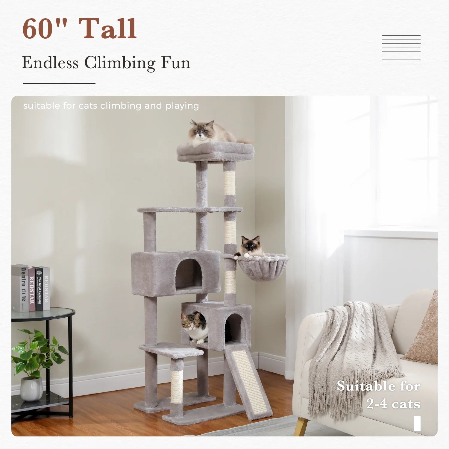 61" Large Cat Tree Cat Tower with Ladder and Dual Condos for Indoor Cats, Light Gray