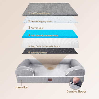 Orthopedic Dog Beds for Extra Large Dogs, Waterproof Memory Foam XL Dog Bed with Sides, Non-Slip and Egg-Crate Foam Big Dog Couch Bed with Washable Removable Cover, Grey