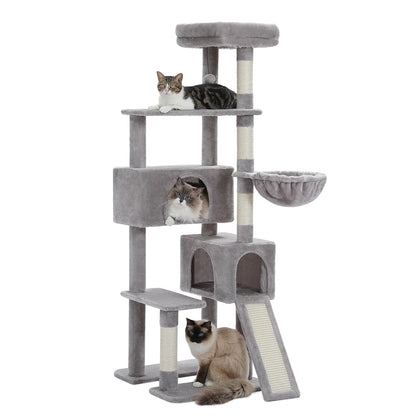 61" Large Cat Tree Cat Tower with Ladder and Dual Condos for Indoor Cats, Light Gray