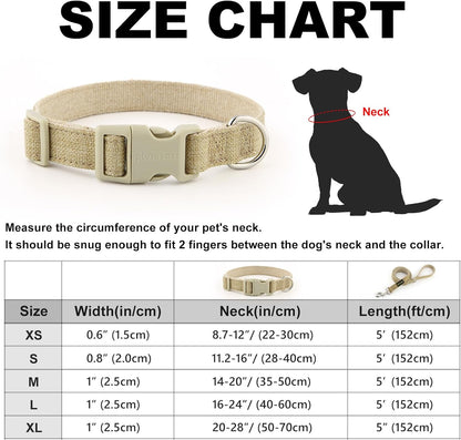 Cotton Hemp Dog Collar and Leash Set, Adjustable Collar for Small, Medium, and Large Dogs, Heavy Duty and Soft on Skin, Khaki, S