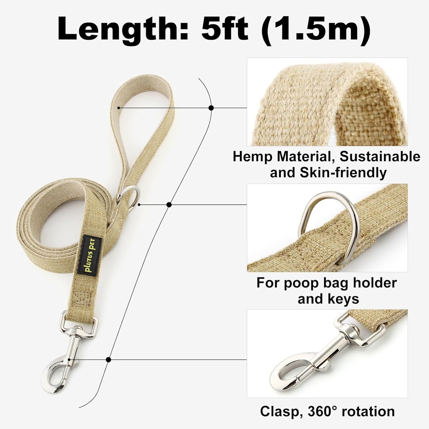 Cotton Hemp Dog Collar and Leash Set, Adjustable Collar for Small, Medium, and Large Dogs, Heavy Duty and Soft on Skin, Khaki, S