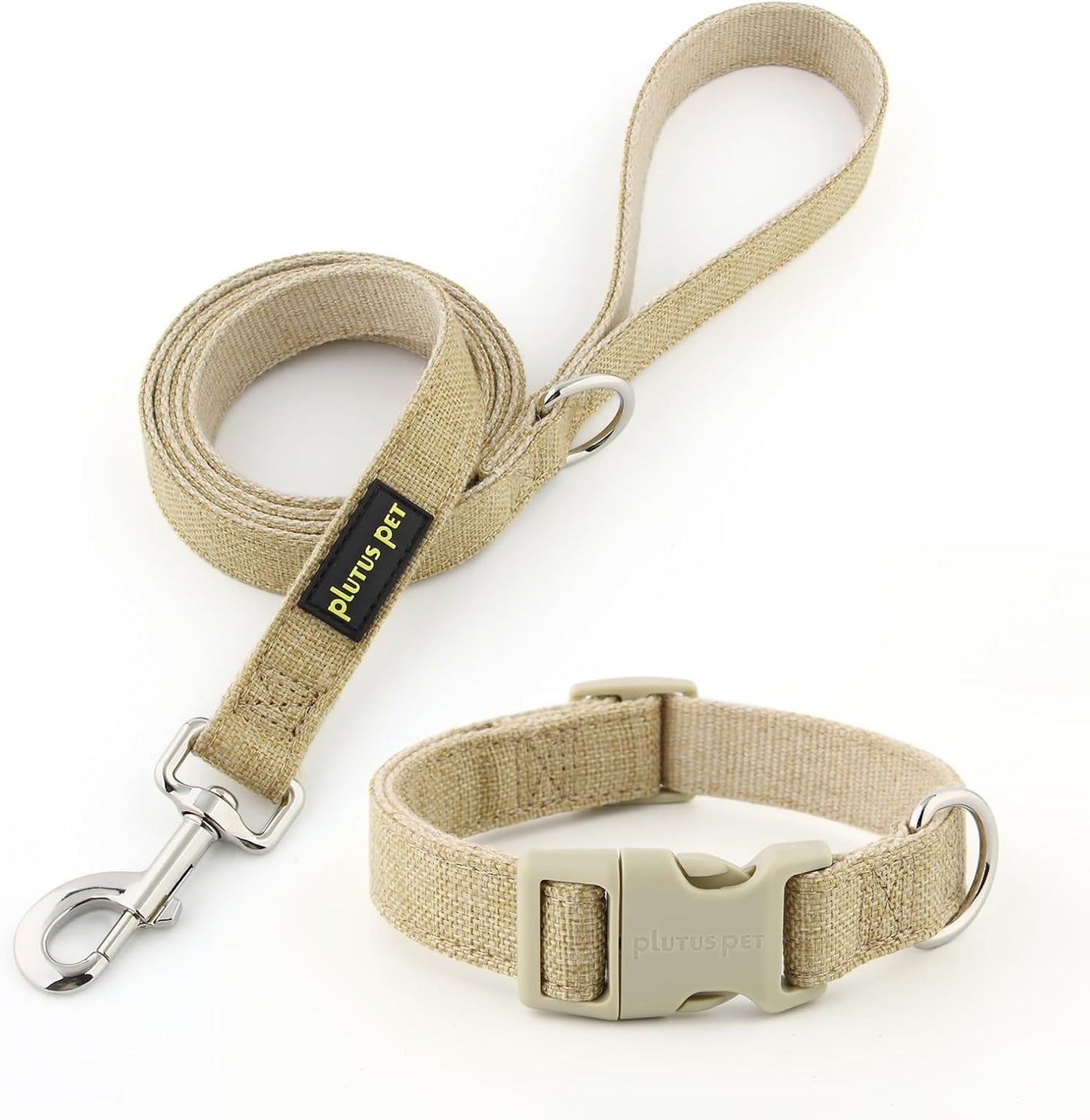 Cotton Hemp Dog Collar and Leash Set, Adjustable Collar for Small, Medium, and Large Dogs, Heavy Duty and Soft on Skin, Khaki, S