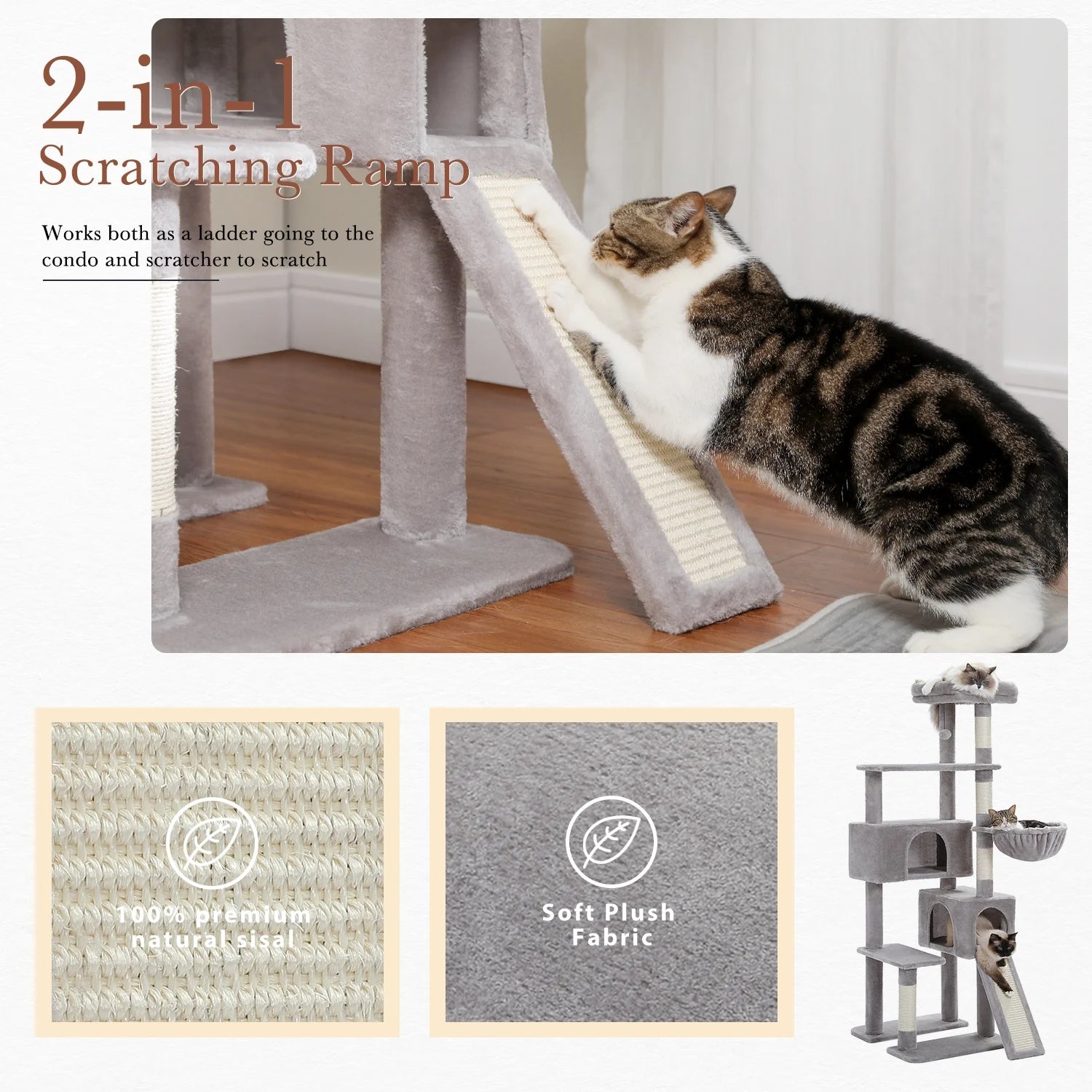 61" Large Cat Tree Cat Tower with Ladder and Dual Condos for Indoor Cats, Light Gray