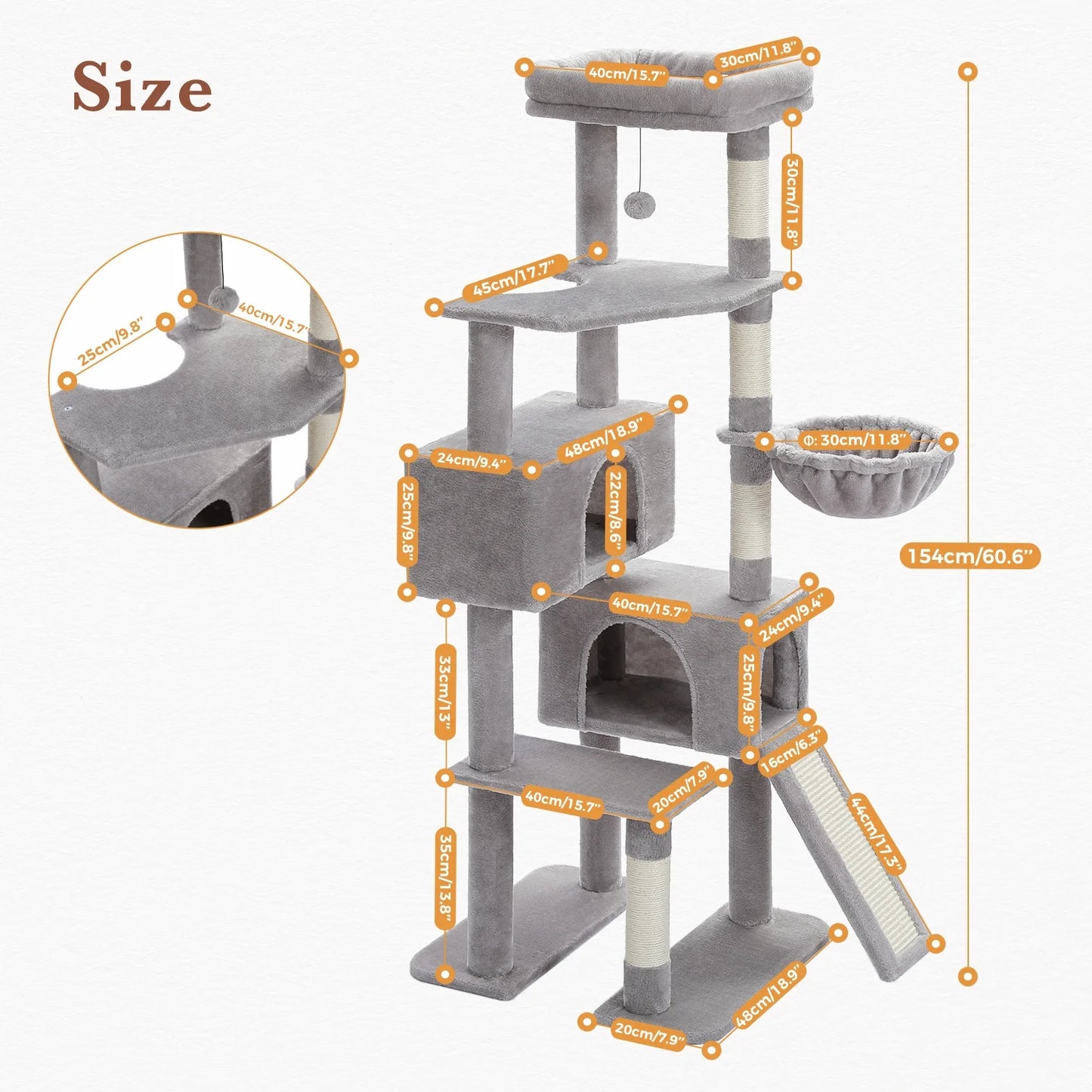 61" Large Cat Tree Cat Tower with Ladder and Dual Condos for Indoor Cats, Light Gray