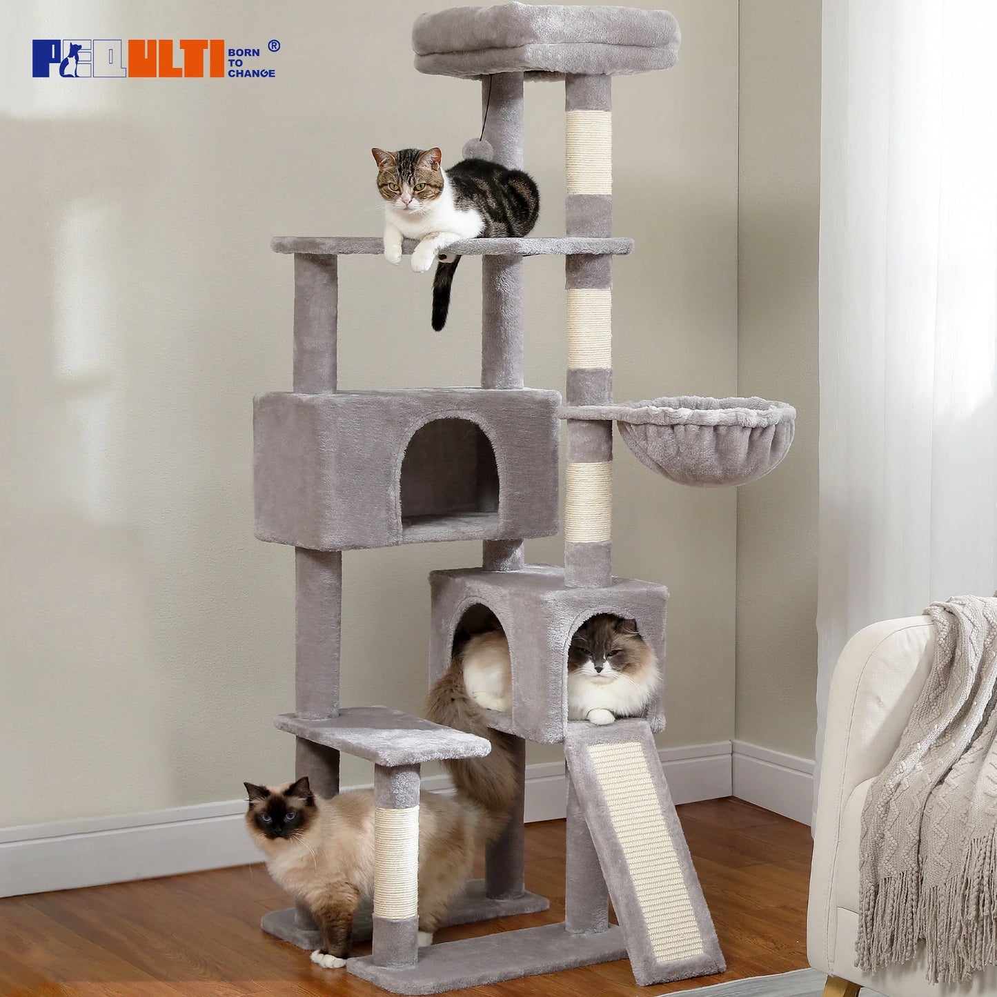 61" Large Cat Tree Cat Tower with Ladder and Dual Condos for Indoor Cats, Light Gray