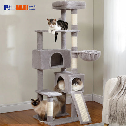 61" Large Cat Tree Cat Tower with Ladder and Dual Condos for Indoor Cats, Light Gray